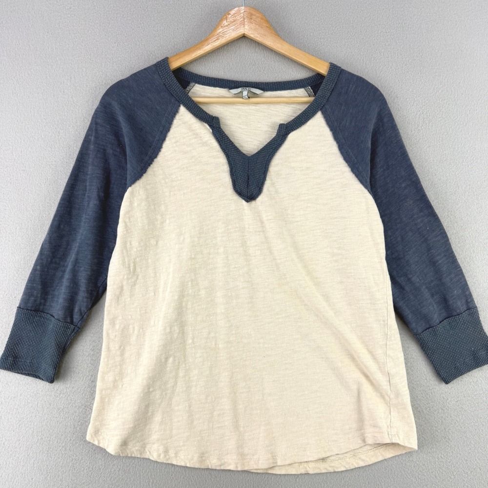 BKE Raglan Henley Top Women XS Beige Blue Casual 3/4 Sleeve Cotton Blokecore